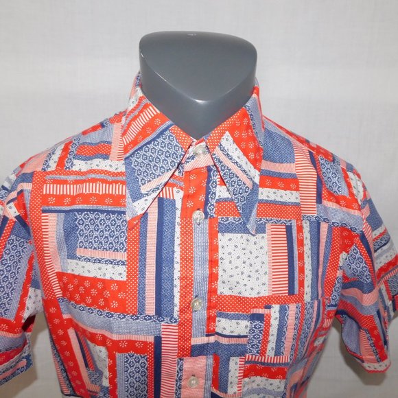 VTG Doug's Leisure Wear Mens L Red white blue Patchwork Look Button front Shirt - Picture 3 of 11